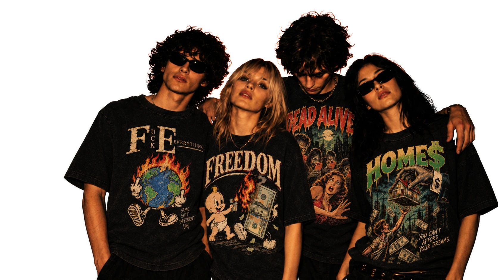 Cuatro amigos con las playeras Fuck Everything, Freedom, Dead Alive y Home$ de Subcool